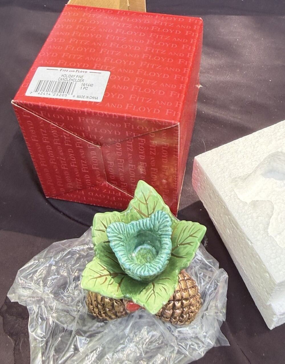 Rare Fitz and Floyd Holiday Pine Candle Holder MIB Retired! -46D